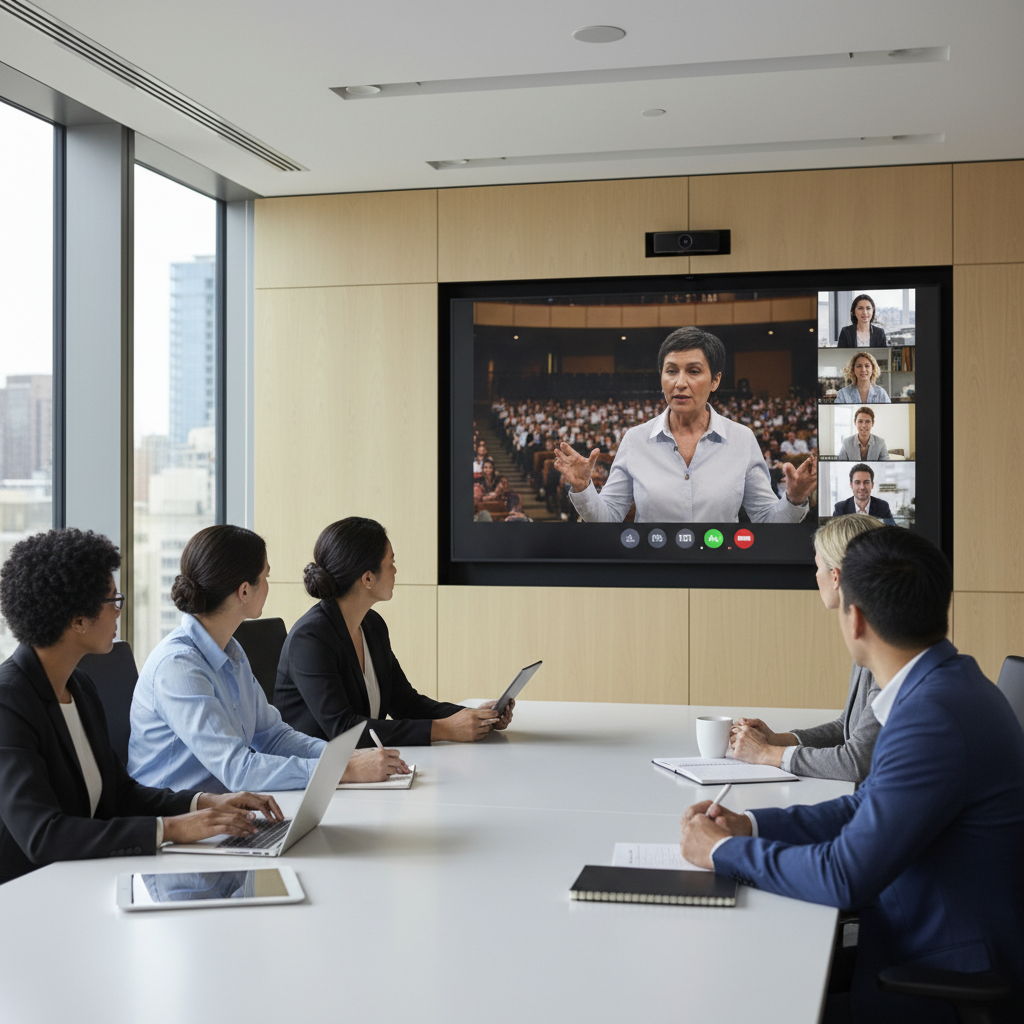 Team in a conference room watching a leadership talk on a large screen while taking notes