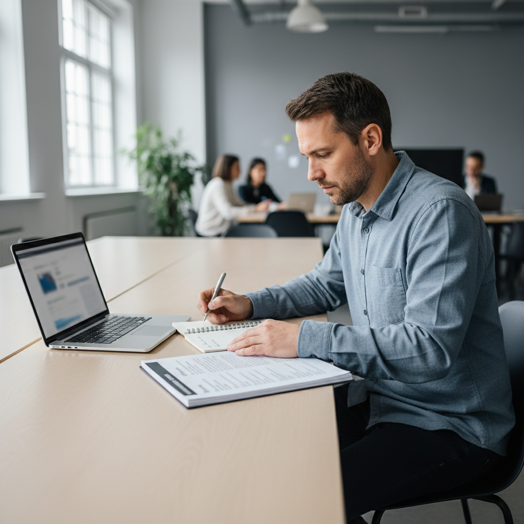 Person at a shared office table comparing notes while skim reading reports on a laptop