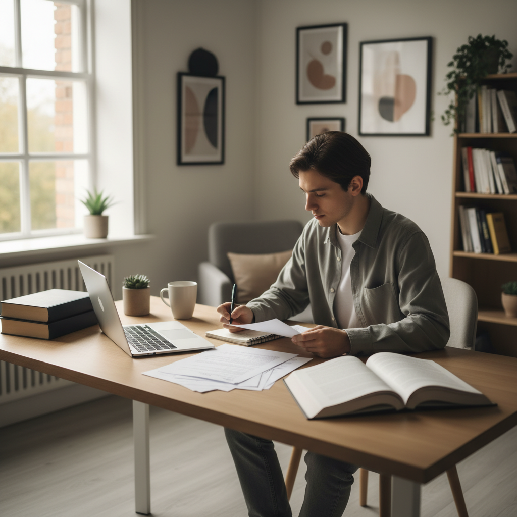Person at a desk skim reading documents beside a laptop and taking brief notes