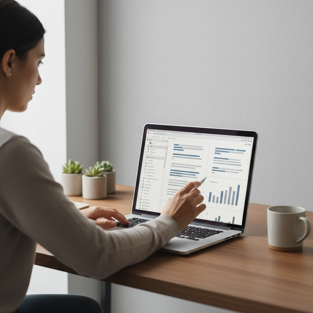 Person skim reading a long PDF report on a laptop with page thumbnails visible on screen