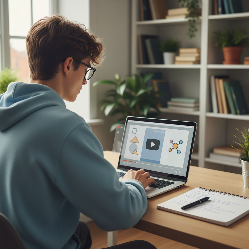 Student at a desk watching an educational video on a laptop and taking notes to retain information better