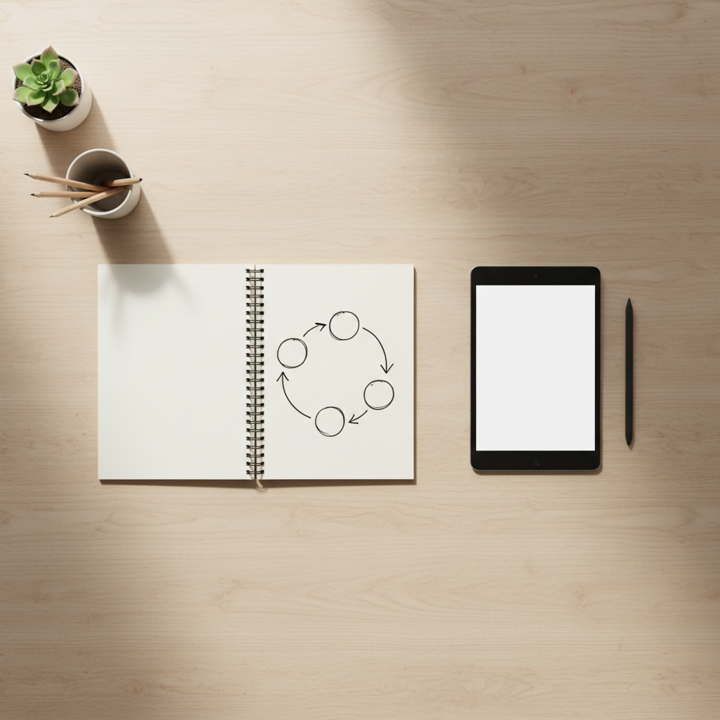 Notebook on a desk showing a simple circular workflow diagram with four steps alongside a tablet and pen