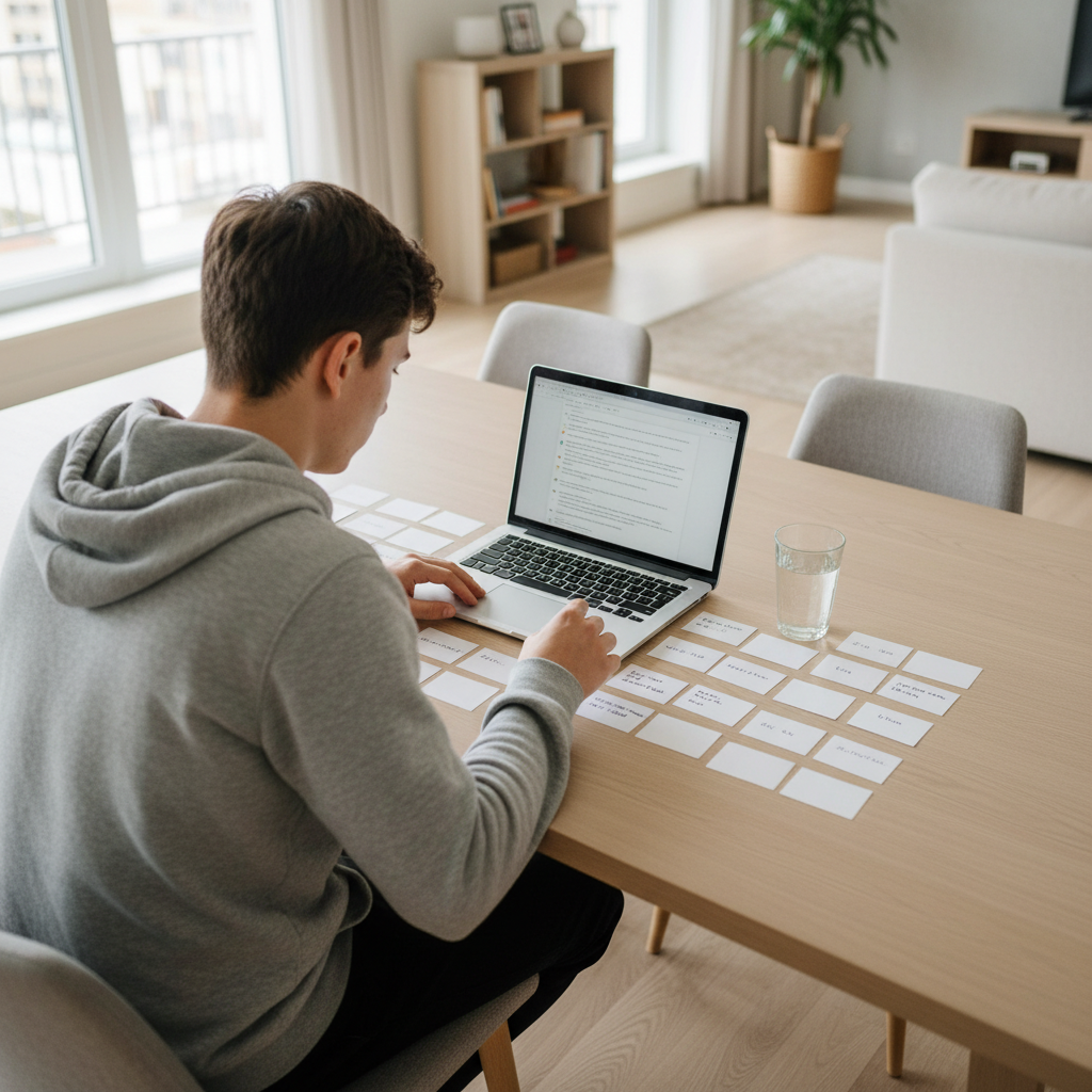 Student at a table using flashcards and a laptop to quiz themselves with active recall