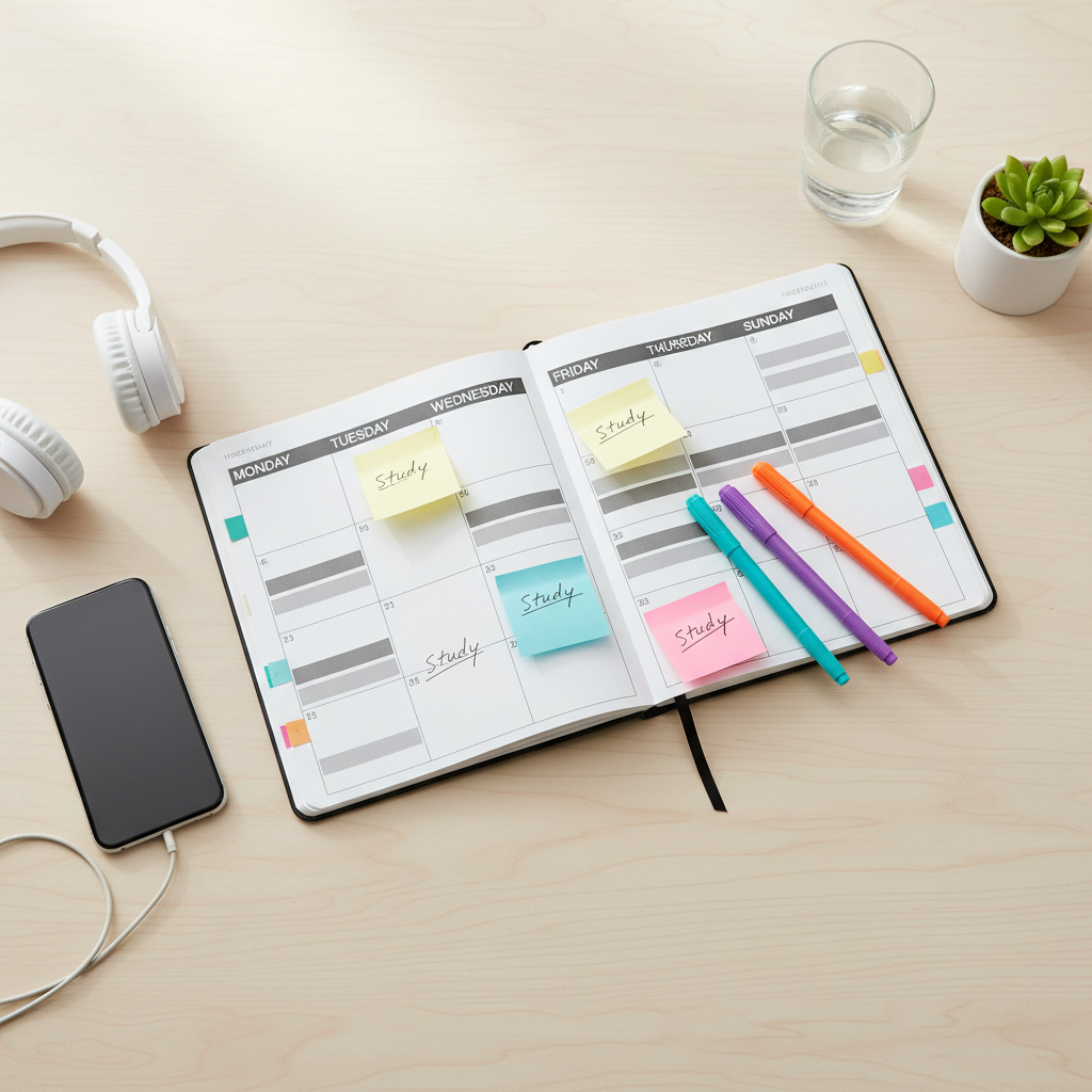 Overhead view of a weekly planner on a desk marked with short study sessions to retain information better