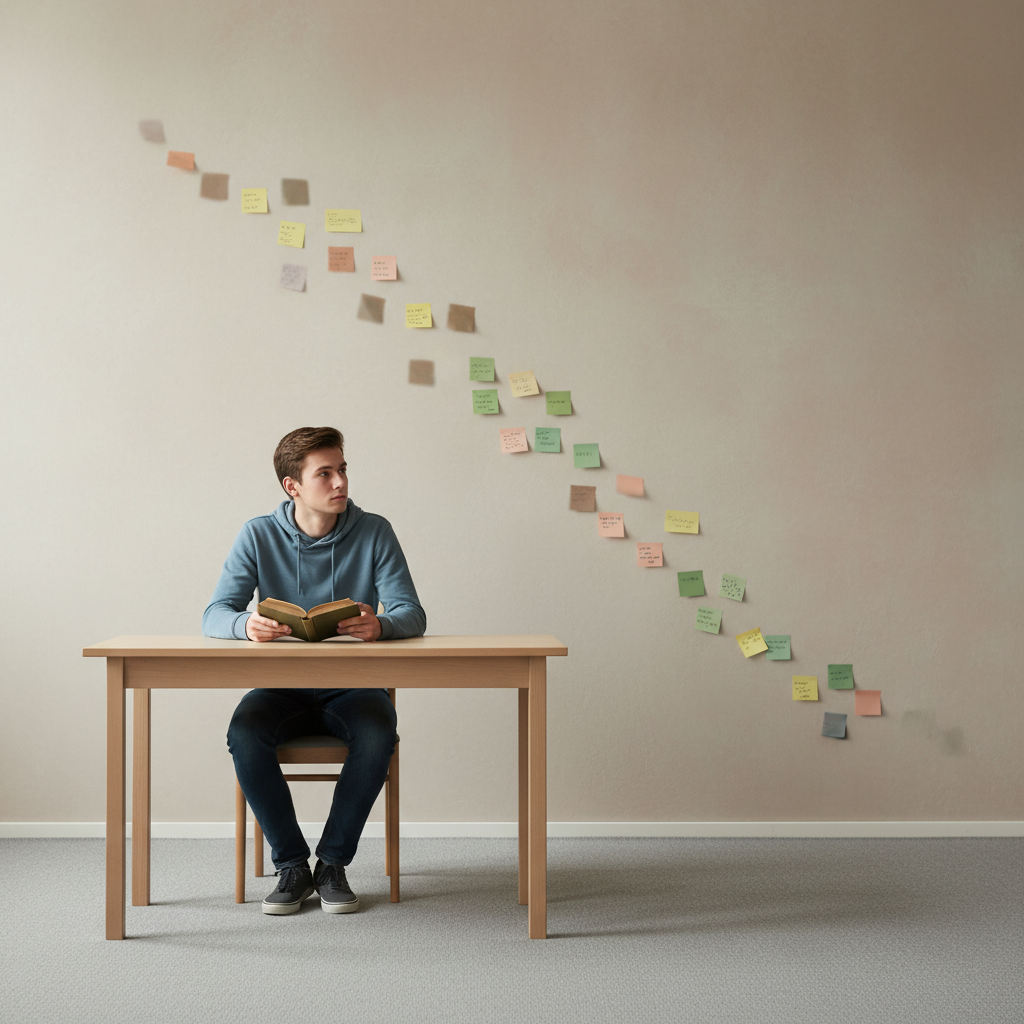 Student at a desk looking at a closed book with fading notes in the background, illustrating the forgetting curve
