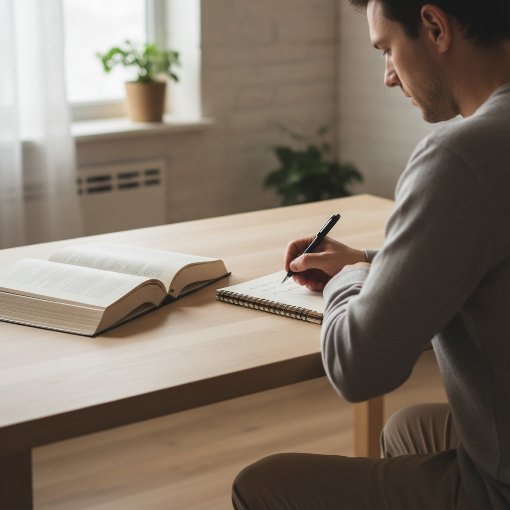 Person at a desk reviewing an open book and taking notes to remember what they read