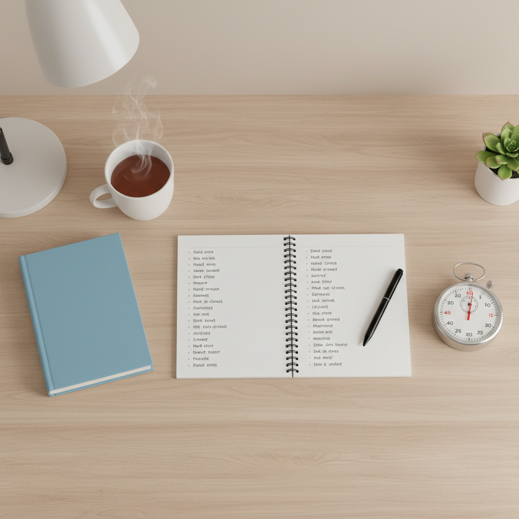 Overhead view of a desk with an open notebook, timer set to twenty minutes, and a closed book showing an active recall routine in progress