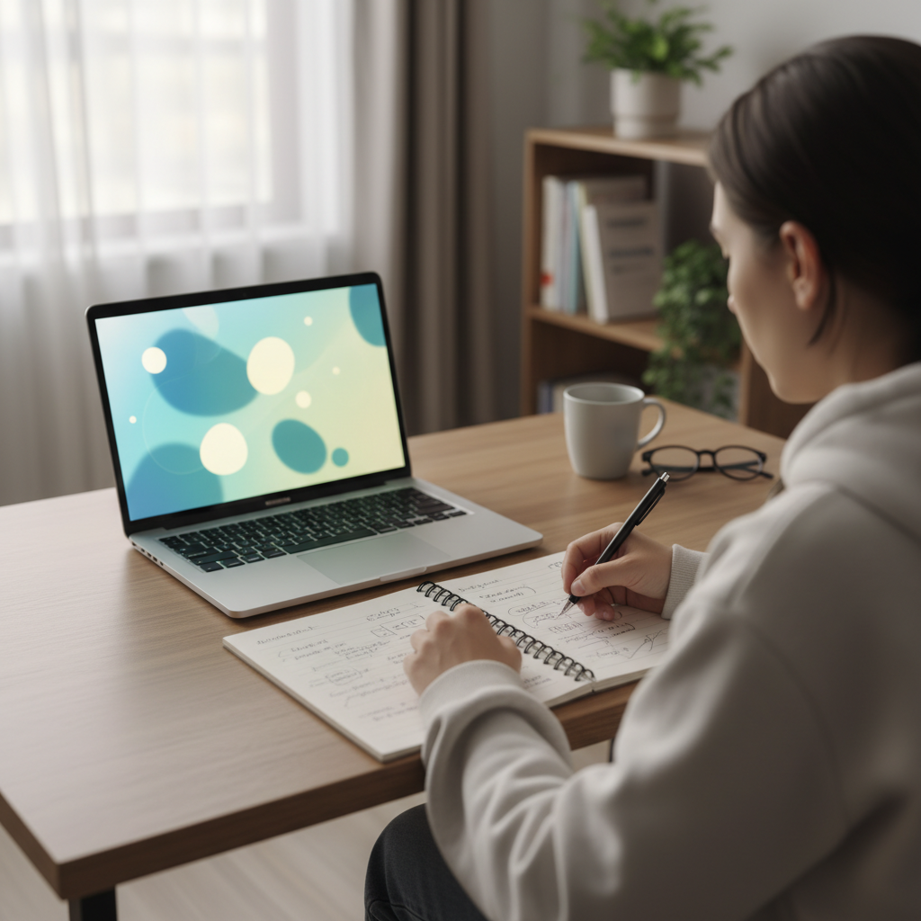 Person studying with a laptop playing an educational video while taking notes in a notebook