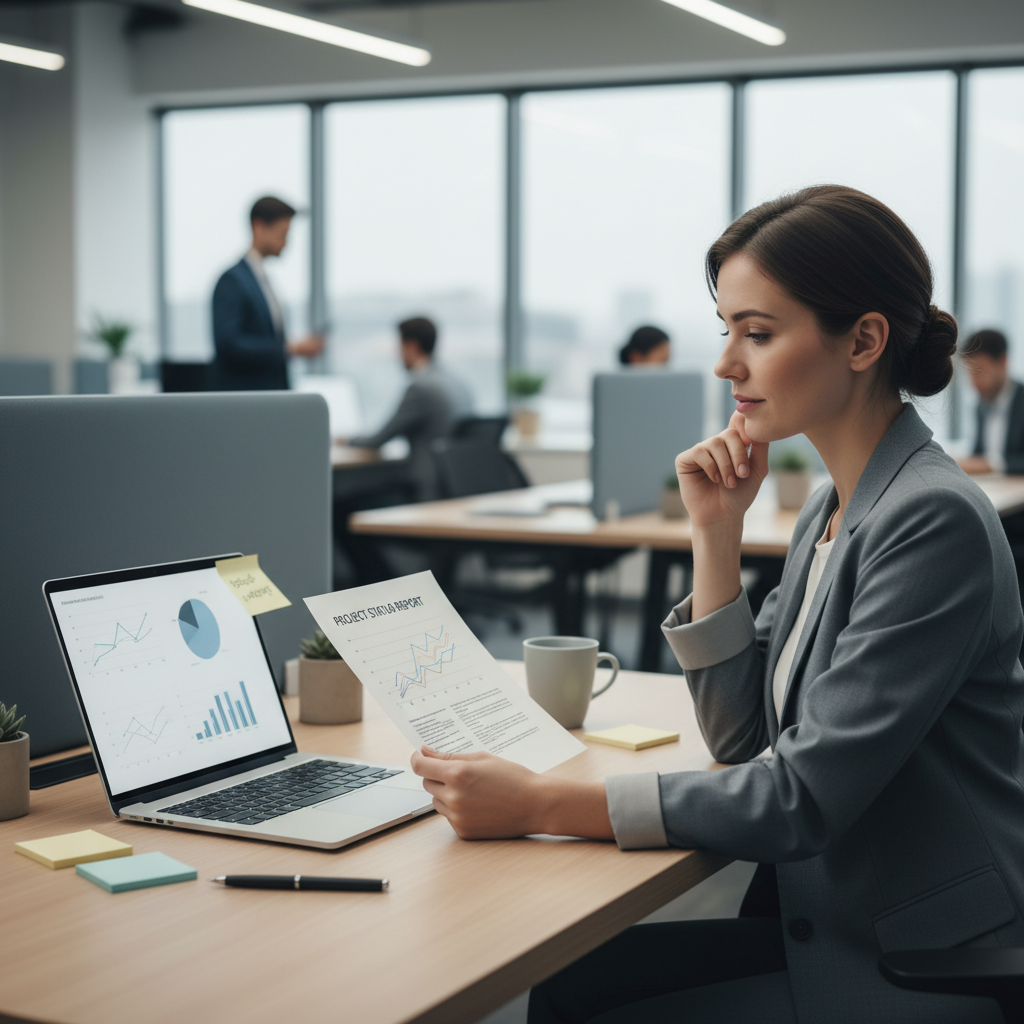 Project manager at a desk reviewing a printed one-page status report beside a laptop