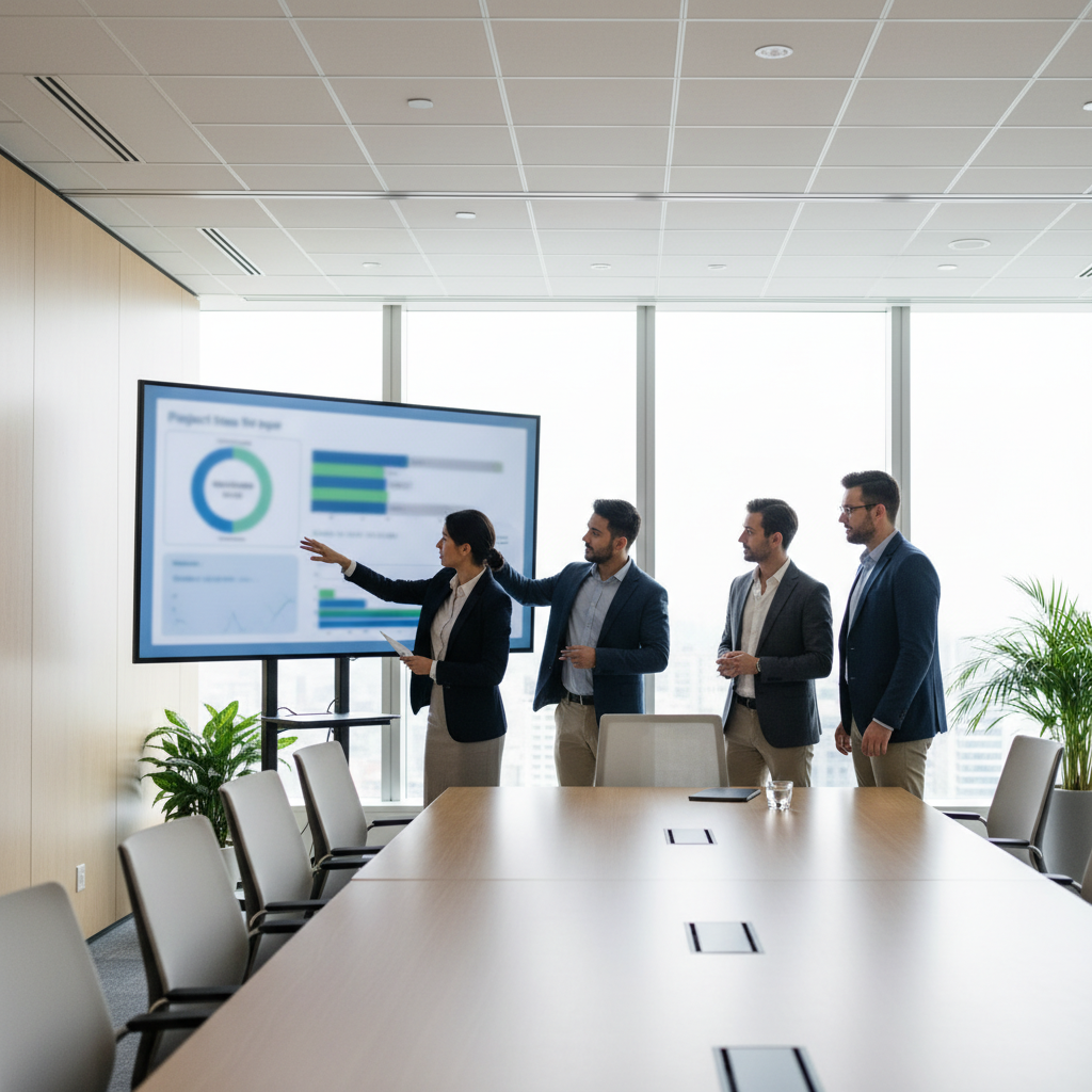 Team in a meeting room discussing a one-page project status report on a large screen