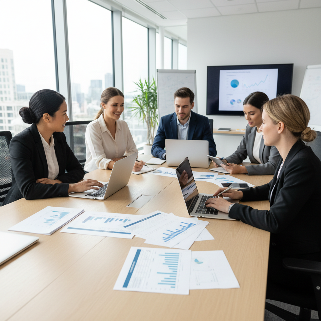 Team in a modern office reviewing a one-page project status report together