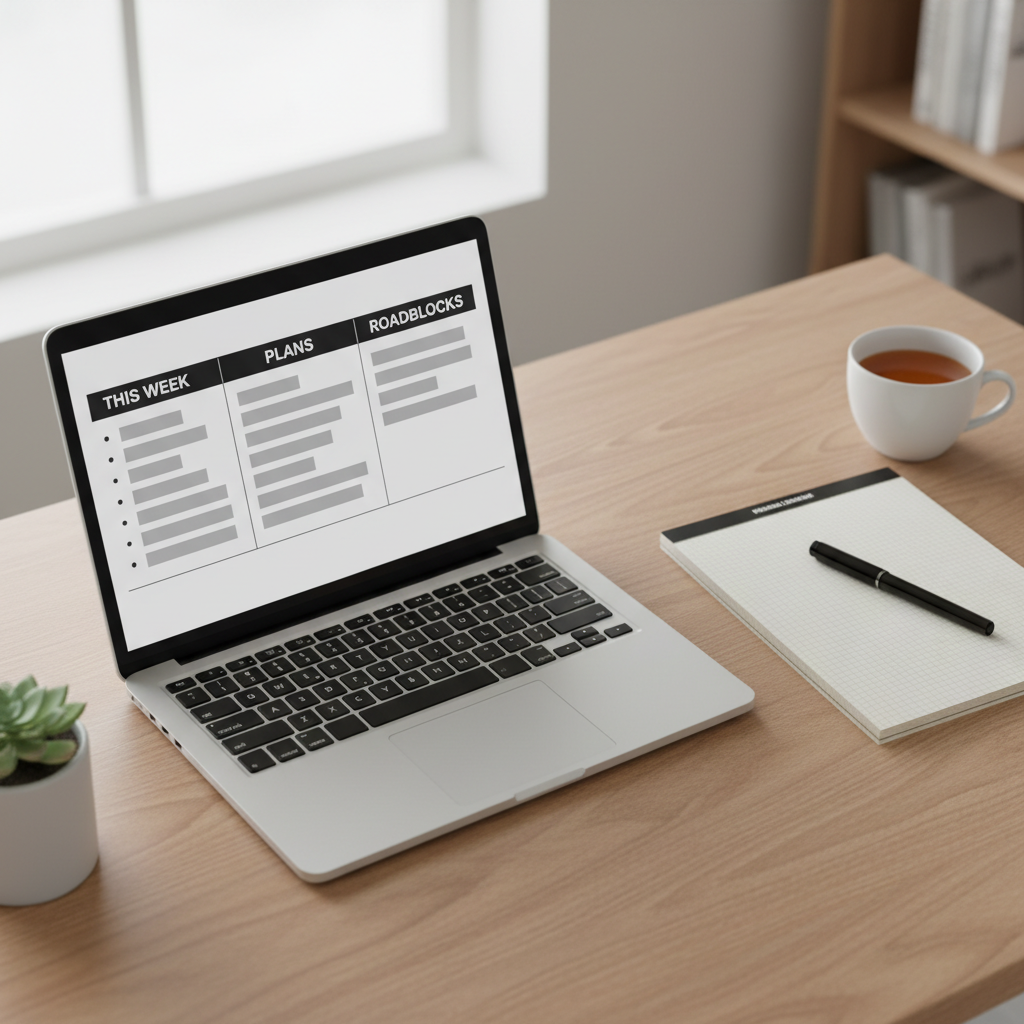 Laptop on a clean desk displaying a structured weekly status report template layout