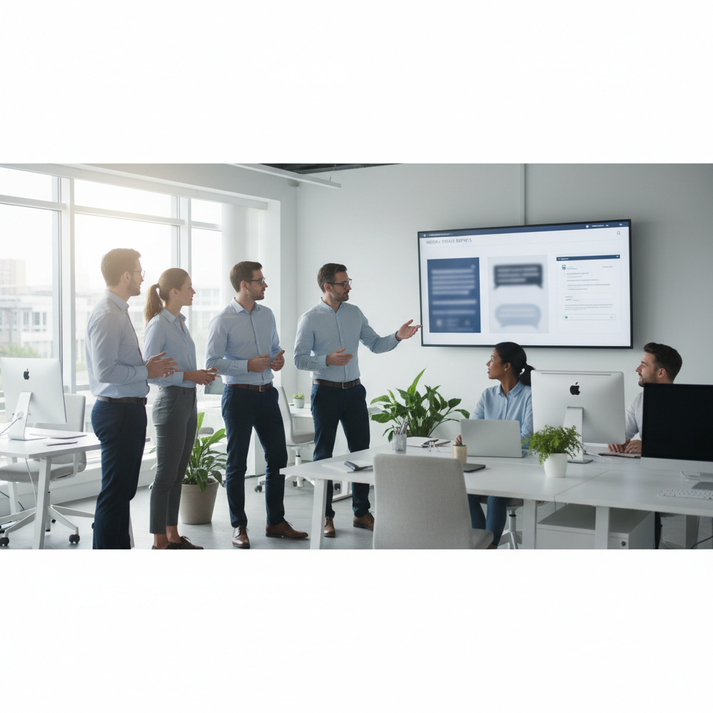 Team collaborating around a large screen with email, chat, and document style status updates