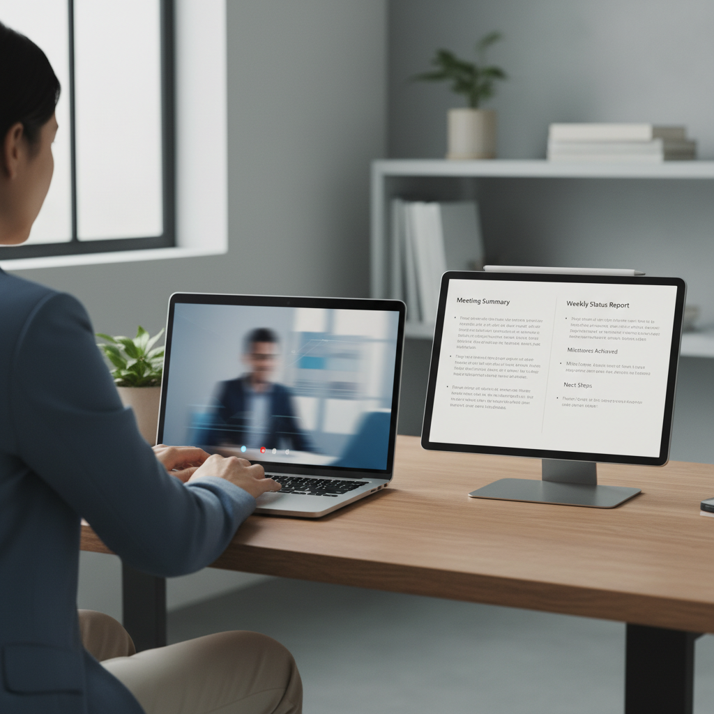 Professional watching a recorded meeting with an AI-generated weekly status summary on a second screen