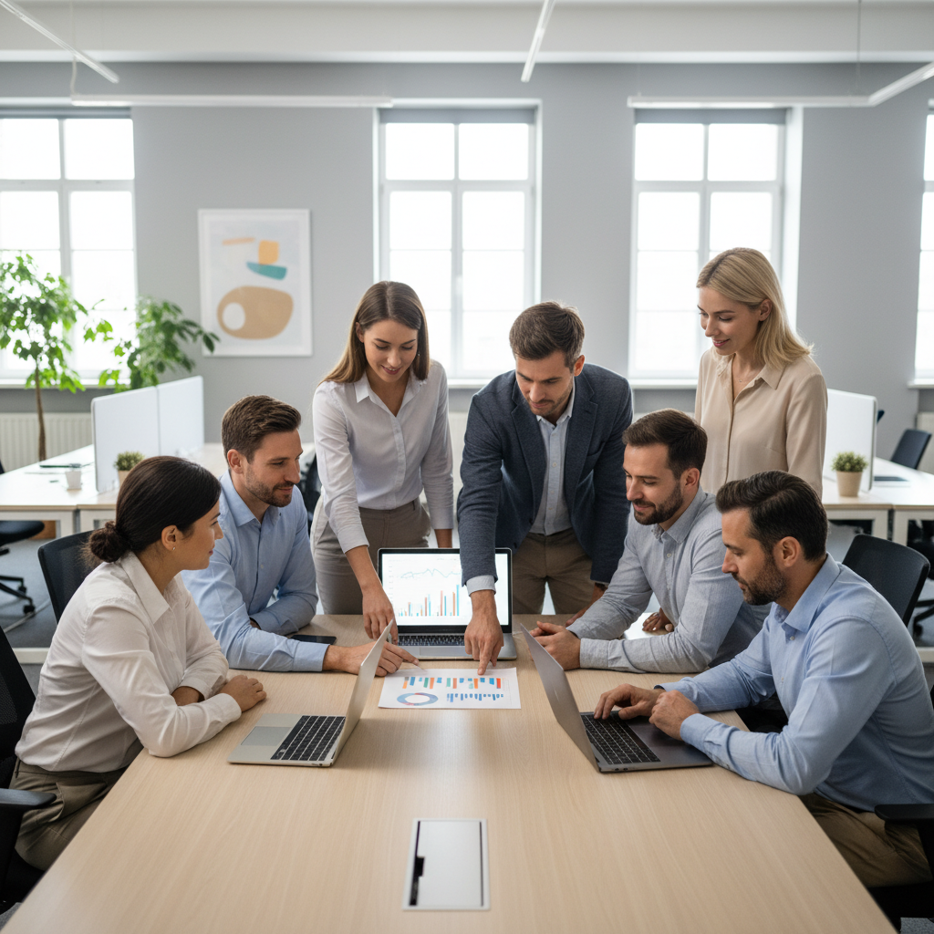 Team in a modern office reviewing a one-page progress report together