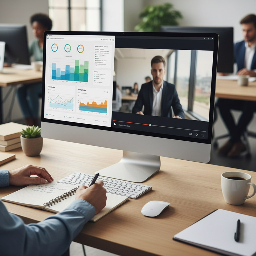 Workspace with a monitor showing a video and dashboard while someone takes notes for a progress report