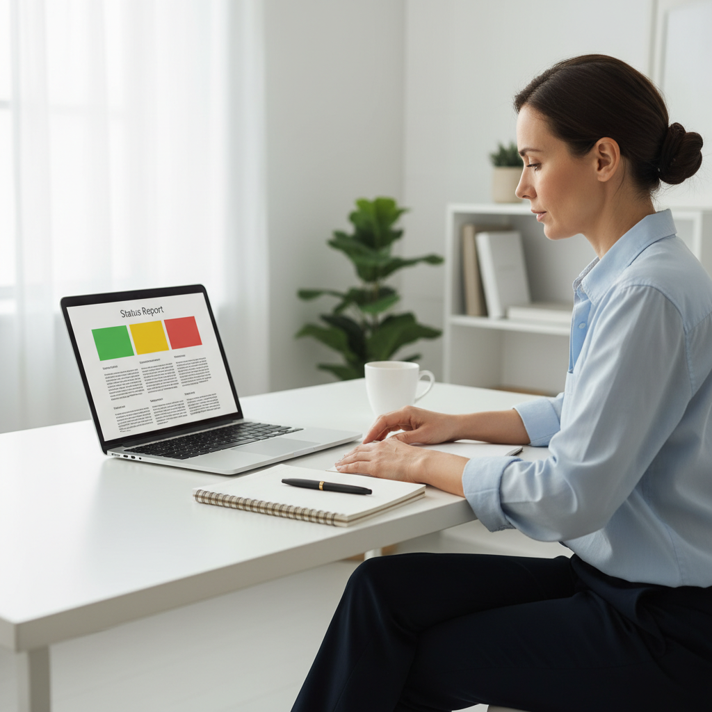 Project manager working on a one-page progress report template on a laptop