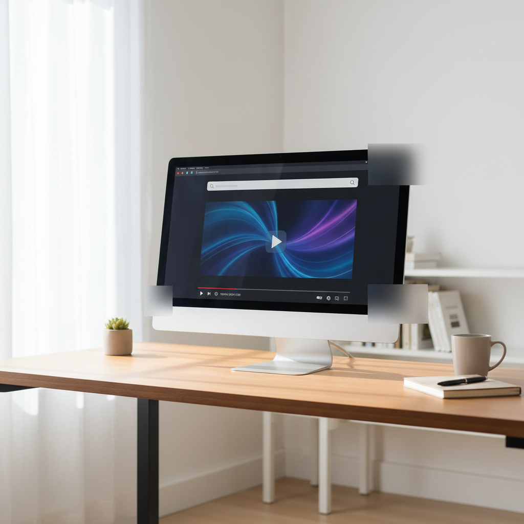 Desktop computer showing a simplified video page with sidebars and recommendations hidden