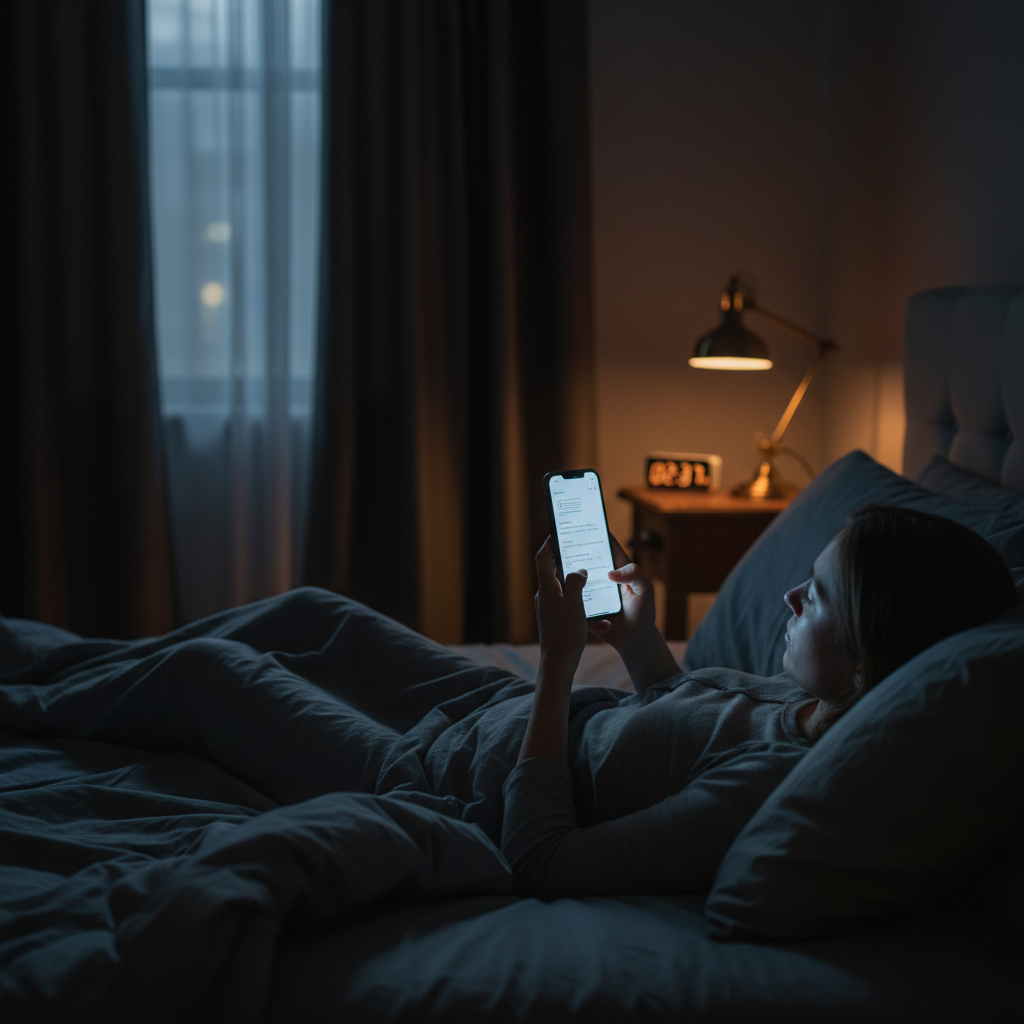 Person in bed at night scrolling through a video feed on a smartphone, quietly losing time on YouTube