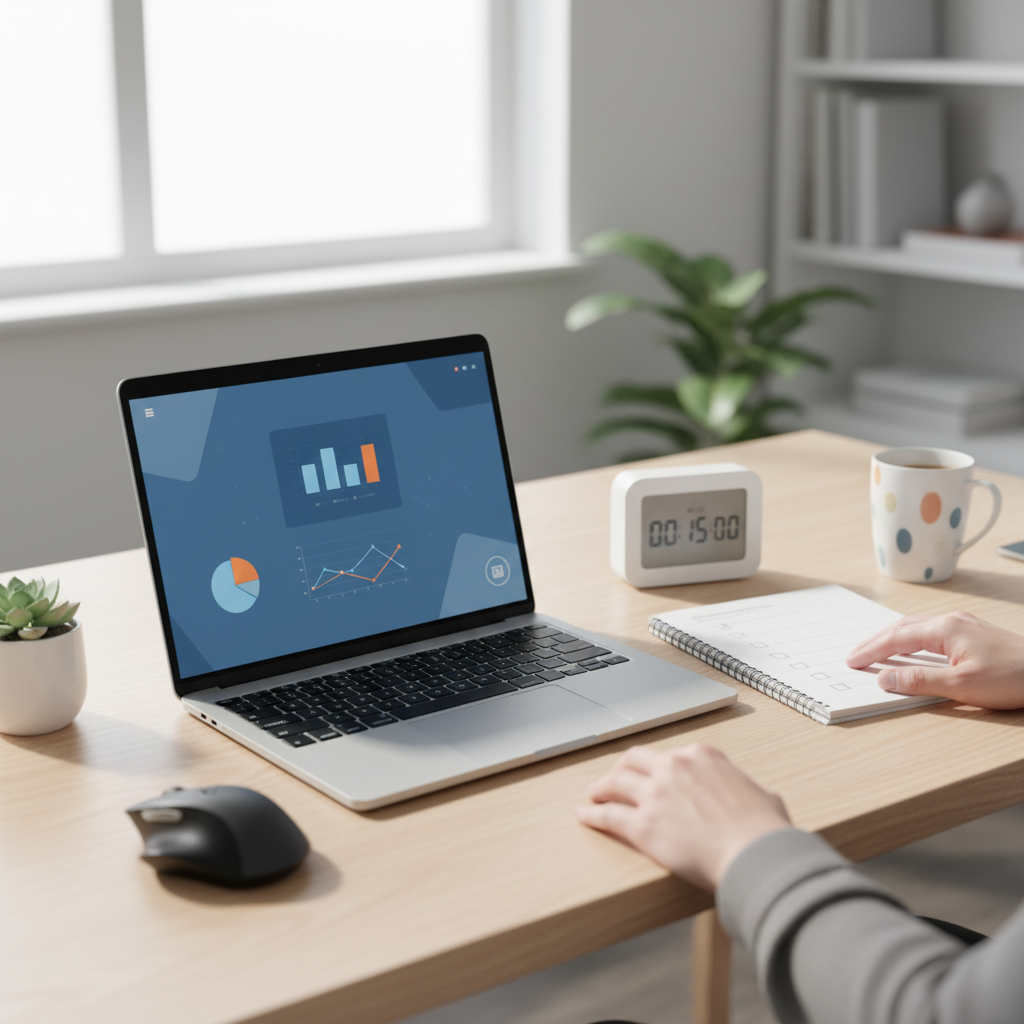 Tidy desk with a laptop, checklist, and timer representing a productive YouTube workflow