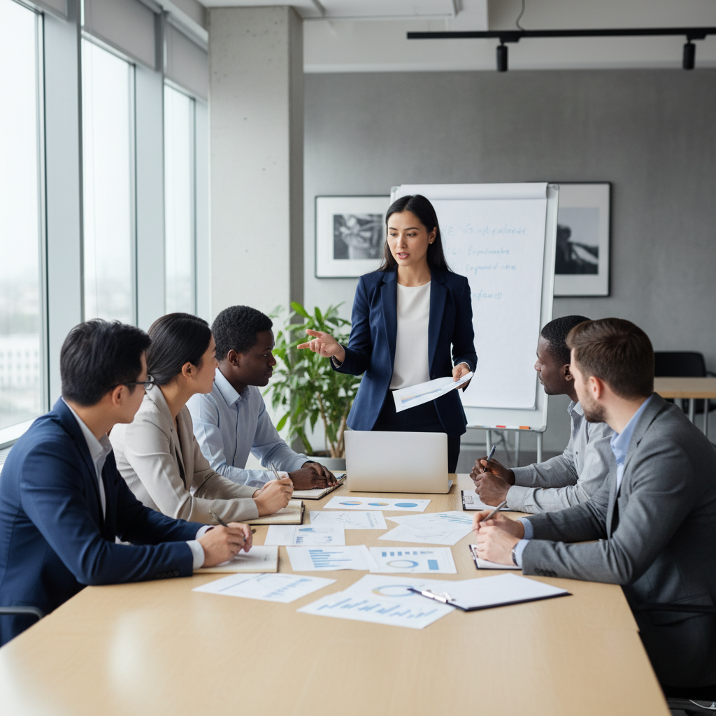 Team in a modern office reviewing reports and discussing how to summarize findings in an executive summary vs abstract