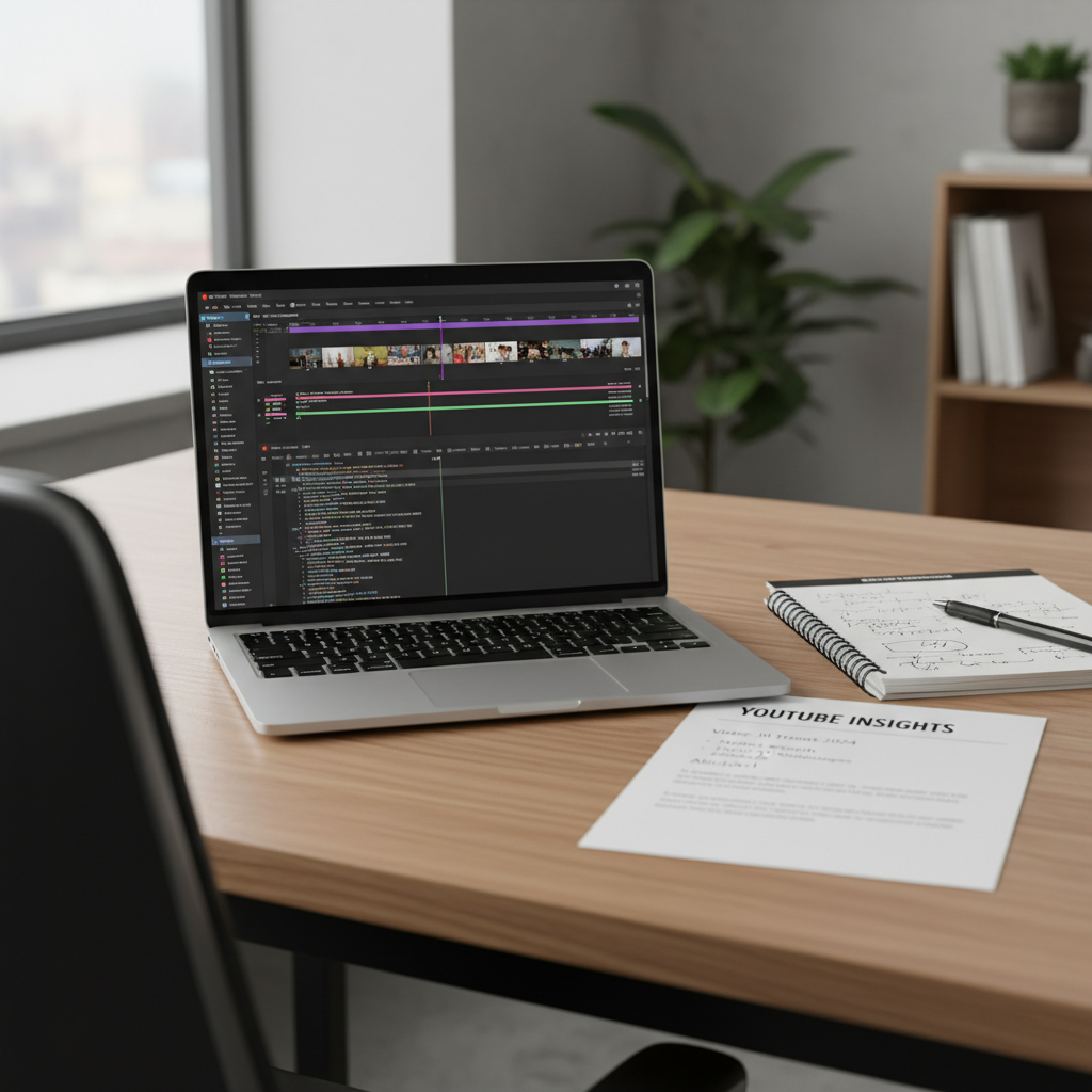 Laptop on a desk showing a video timeline and transcript used to create an executive summary vs abstract