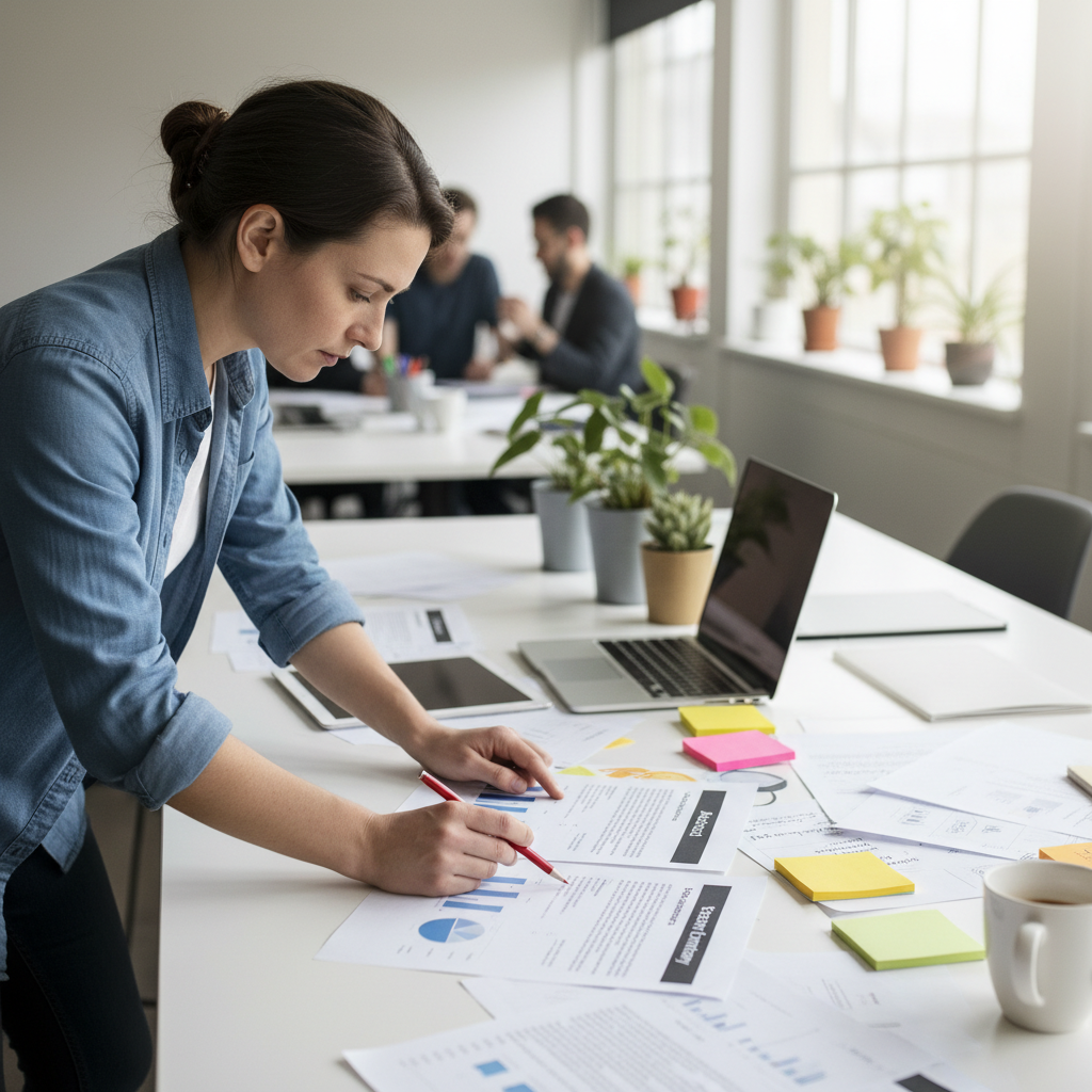 Researcher comparing printed documents labeled abstract and executive summary on a desk