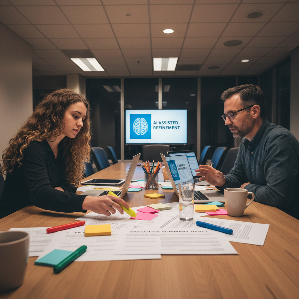 Student and manager collaborating with laptops and printed pages to refine an executive summary vs abstract using AI tools