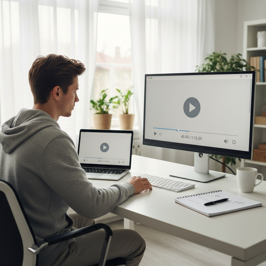 Content creator using a laptop and monitor to review a long online video and take notes for a YouTube summarizer workflow
