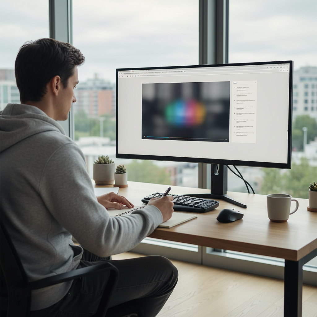 Computer screen with a video playing alongside a side panel of summarized notes while a person works at a desk using a YouTube summarizer