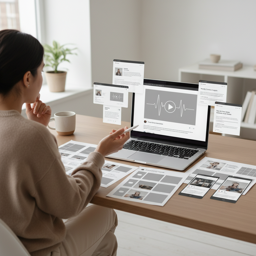 Laptop on a desk showing a video thumbnail alongside documents representing a blog post, newsletter, and social media posts created from a YouTube summarizer