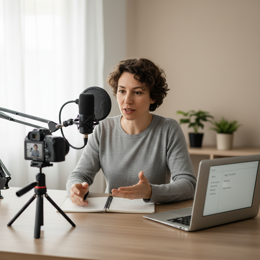 Creator recording an educational video with camera, microphone, notebook, and laptop outline to keep a clear structure for YouTube summarizer output