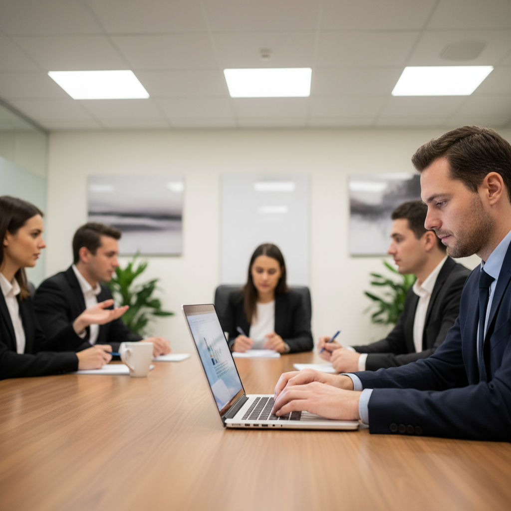 Professional typing meeting minutes on a laptop during a small team meeting