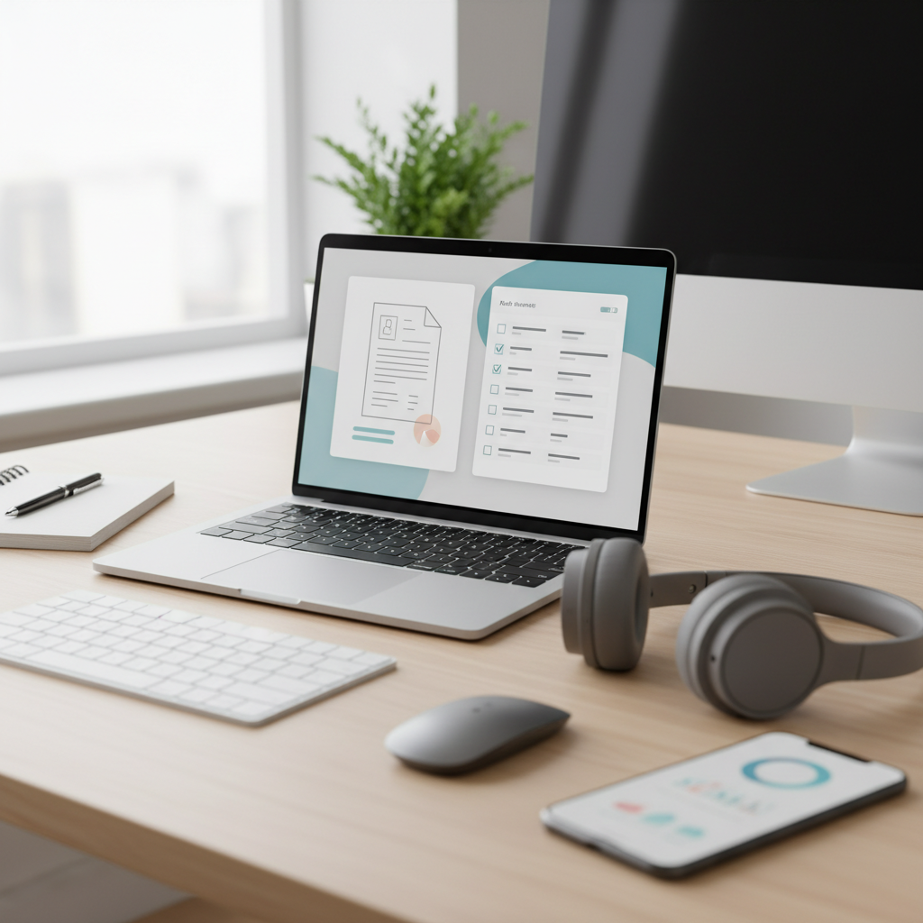 Desktop workspace with laptop and notebook showing digital tools used for meeting minutes
