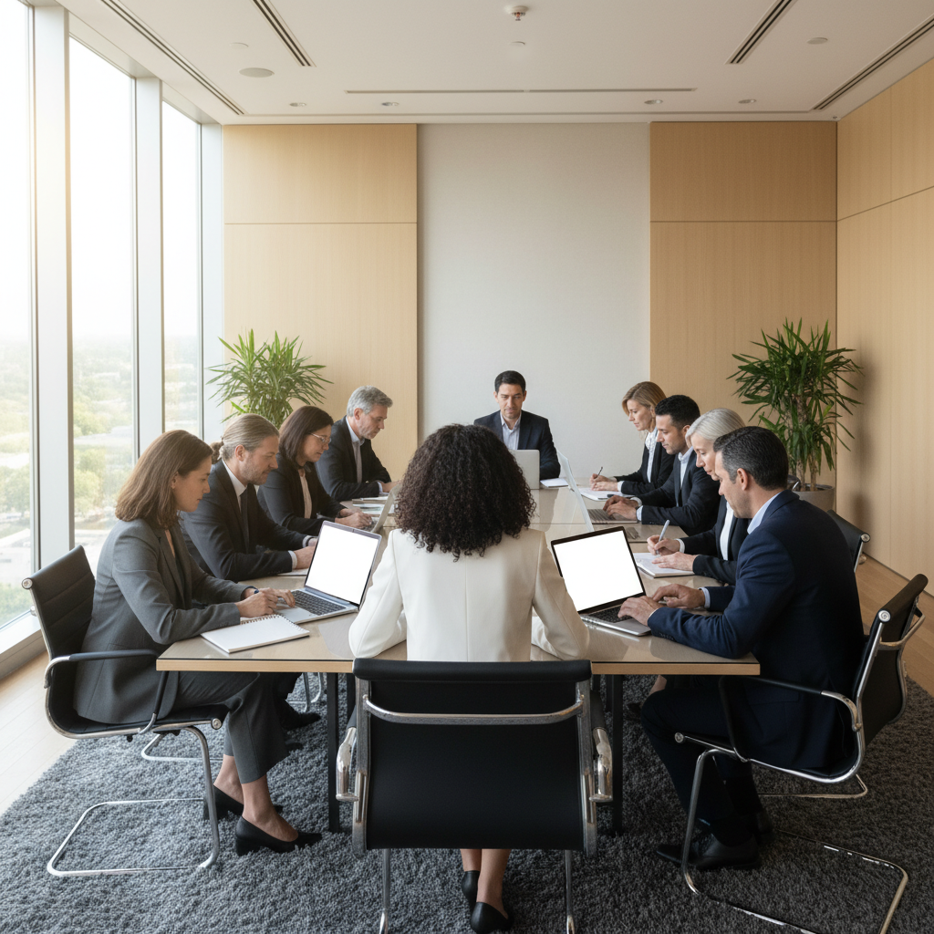 Team in a conference room while one person takes meeting minutes on a notepad