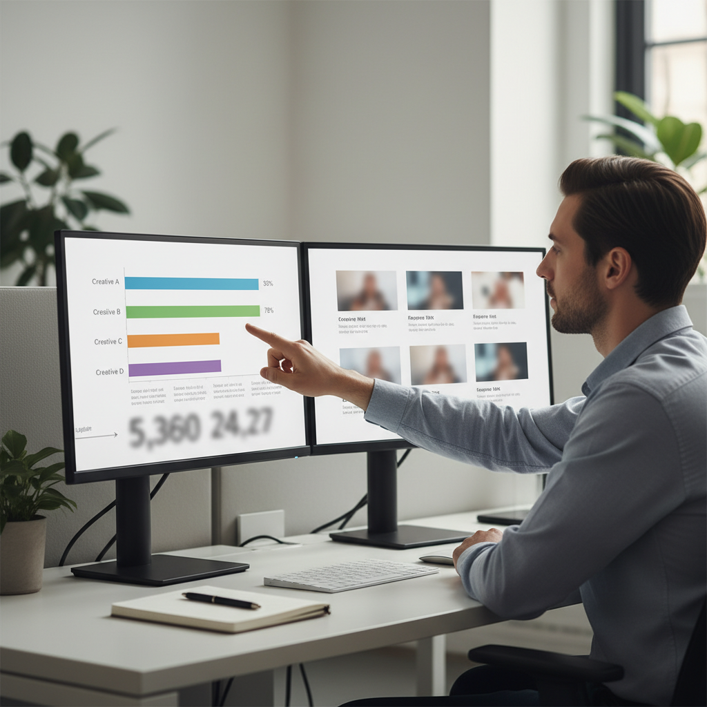 Creator analyzing A/B test results for different video titles on dual monitors