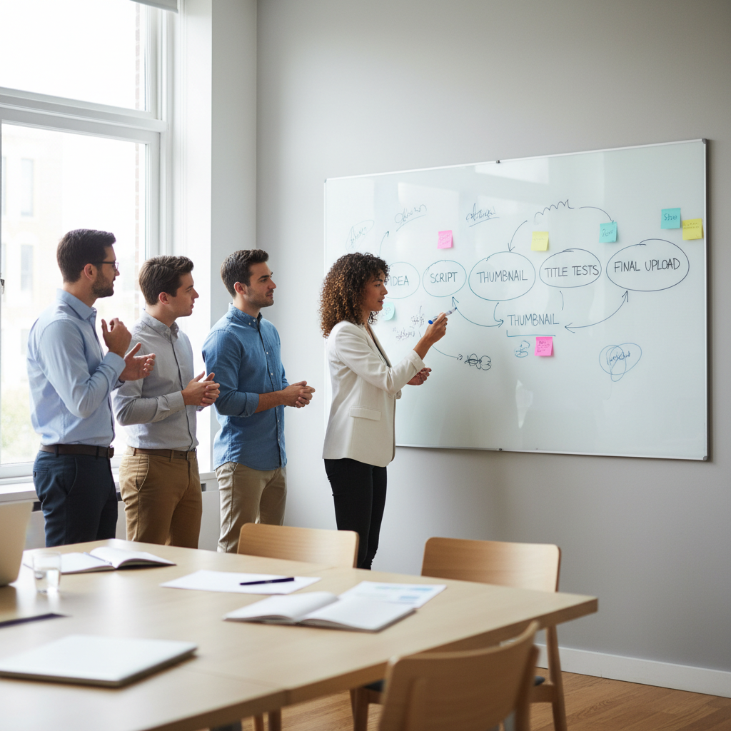 Team mapping a YouTube title analyzer workflow on a whiteboard