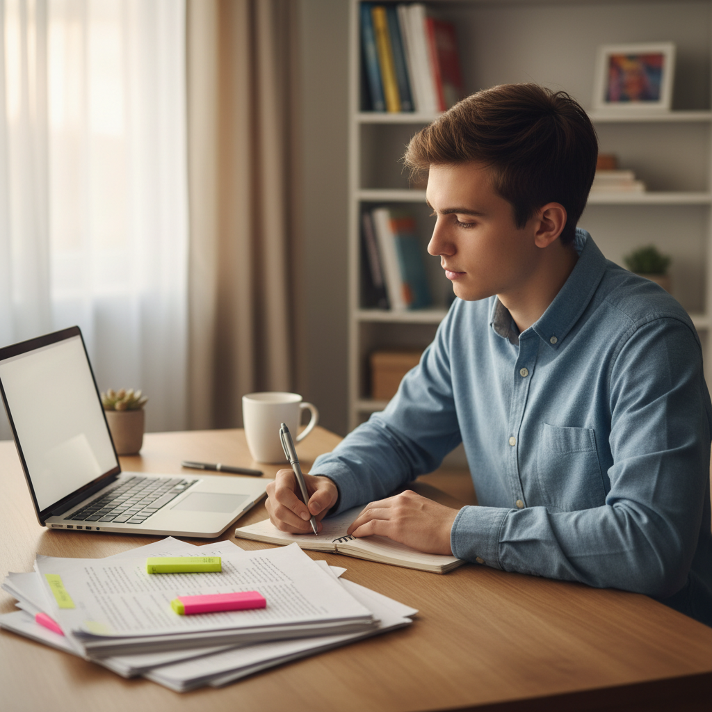 Student at a desk using a laptop and printed articles to outline dense readings
