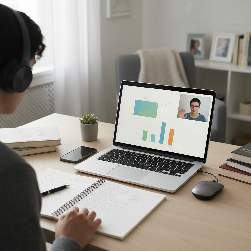 Student watching an online lecture on a laptop while taking handwritten notes
