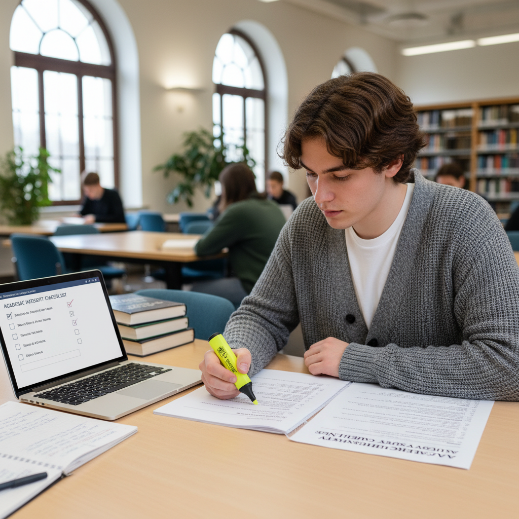 College student reviewing a printed syllabus and checklist on a laptop