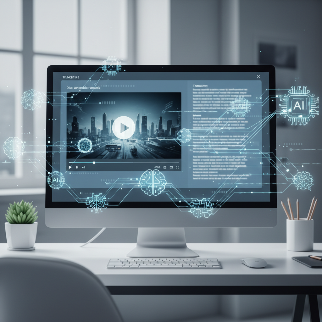 Computer monitor showing a video player beside an auto-generated transcript with abstract AI analysis graphics.