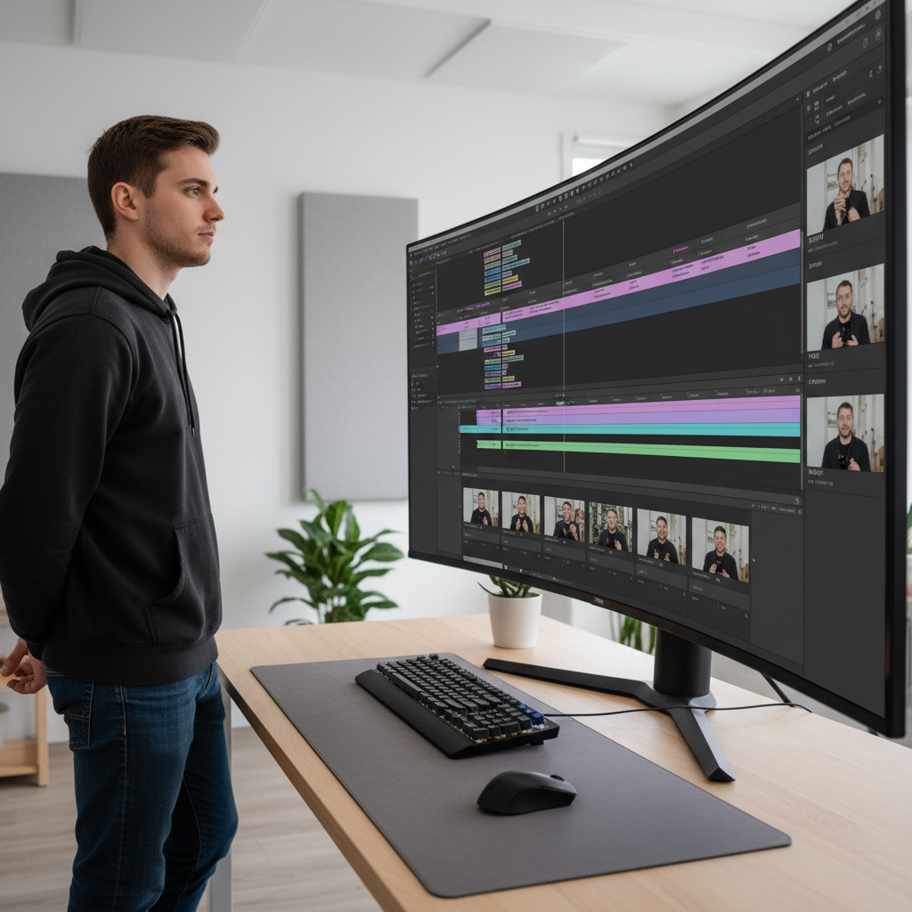Video editor timeline on a monitor with clips, chapter markers, and vertical clip previews illustrating an AI-assisted workflow.