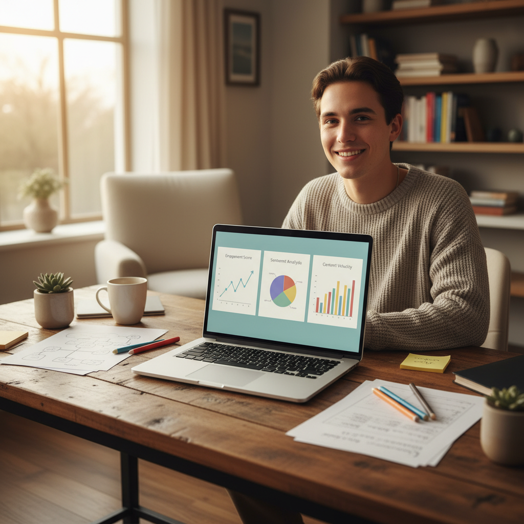 YouTube creator at a laptop comparing dashboards for different AI video analysis tools in a cozy workspace.