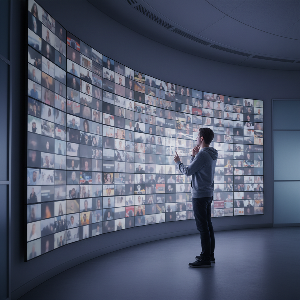 Person standing in front of a wall of blurred video thumbnails, carefully choosing what to watch