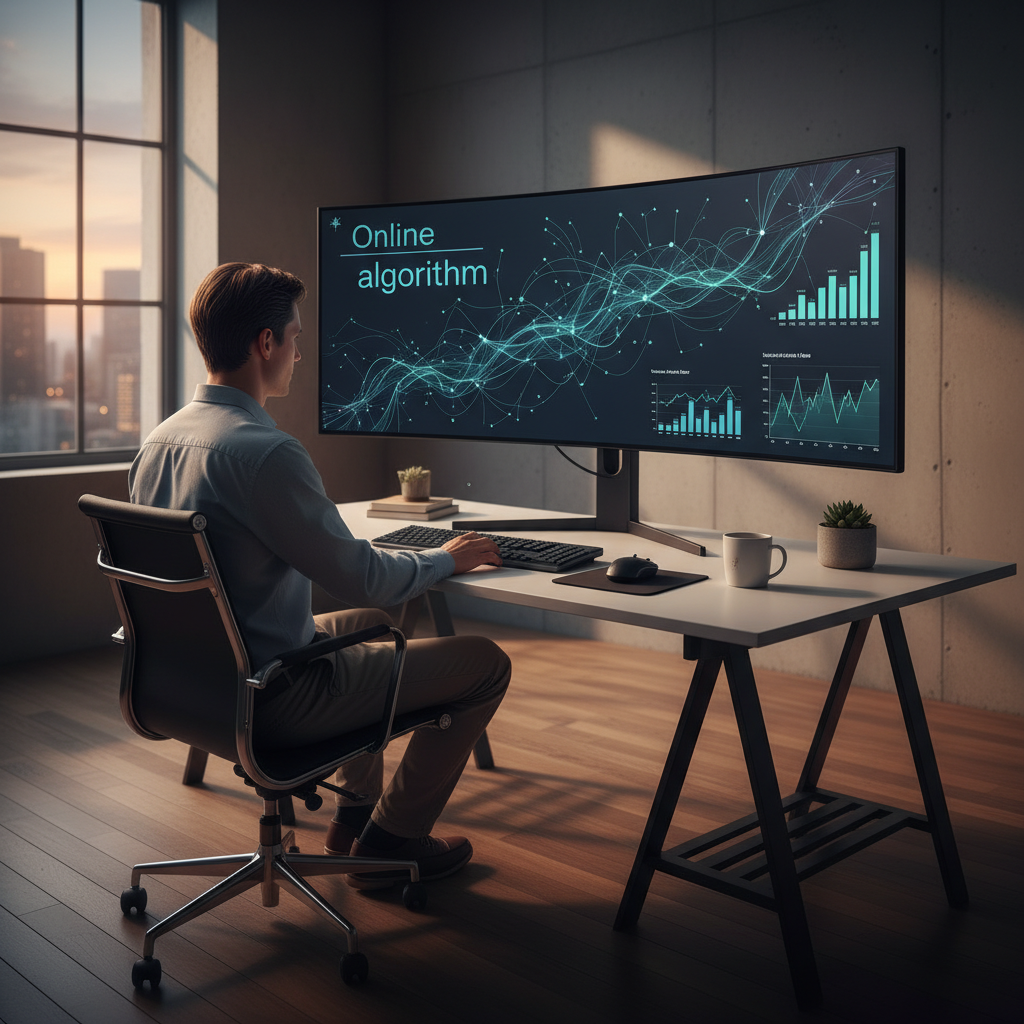 Person looking at a large screen with charts and engagement metrics representing an online video algorithm