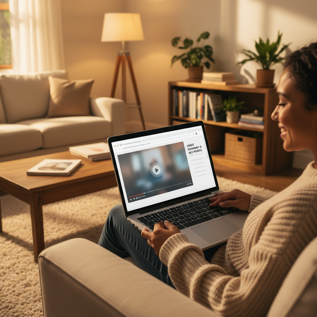 Person using a laptop that shows a video with a side panel summarizing key points