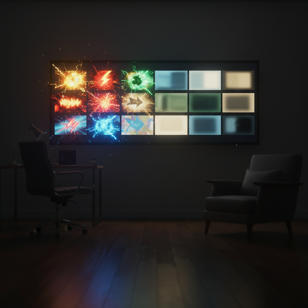 Large monitor displaying a mix of bright and neutral video thumbnails, symbolizing an attention auction on YouTube