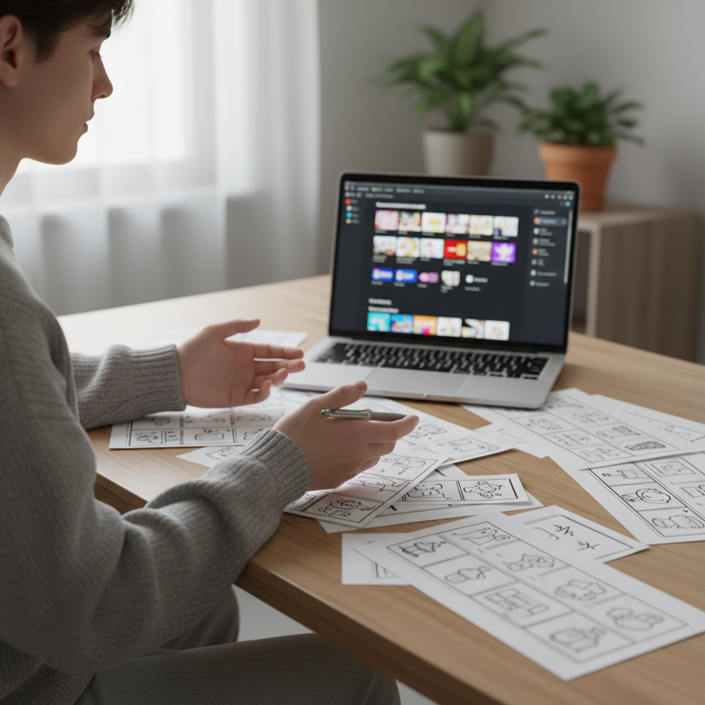 Content creator reviewing thumbnail sketches and storyboards at a desk in front of a laptop