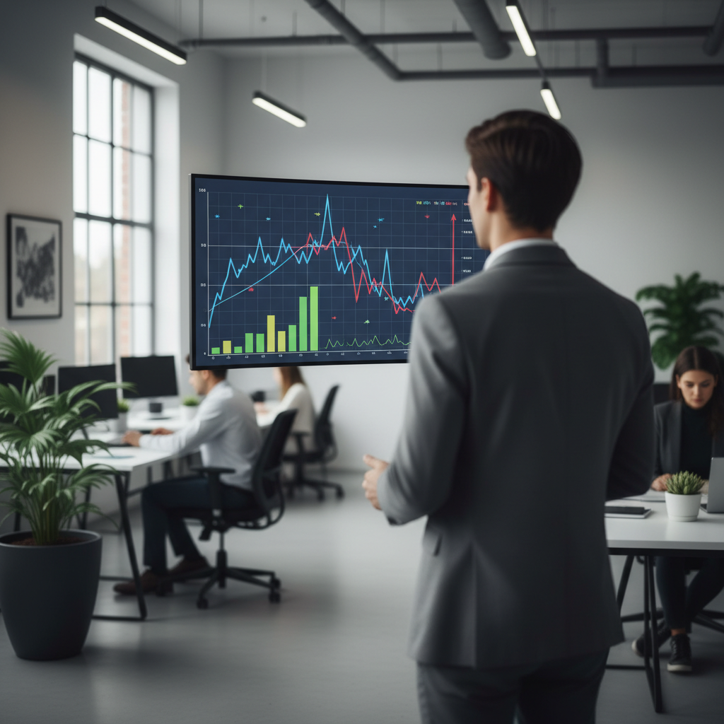 Computer monitor showing abstract analytics graphs and charts with a person observing from a distance