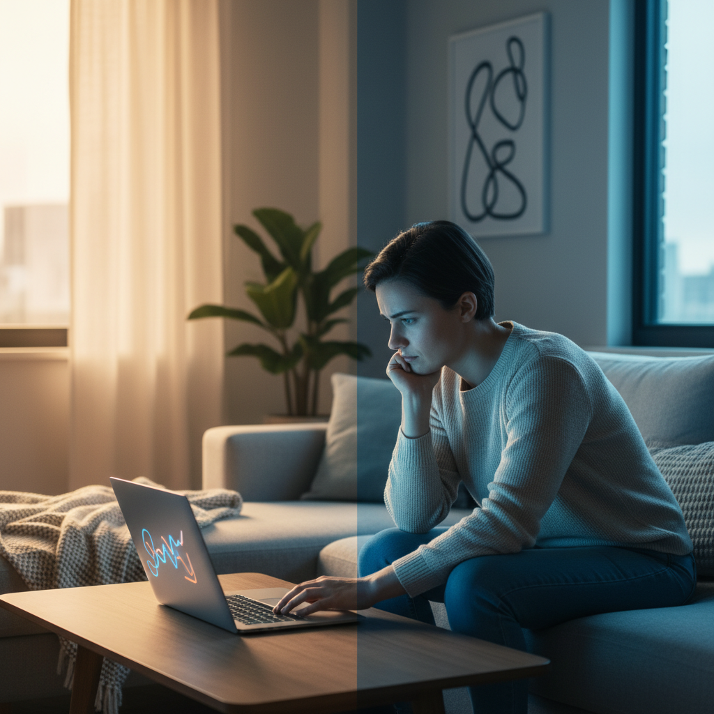 Person on a couch looking thoughtfully at a laptop, symbolizing trust and skepticism toward clickbait headlines